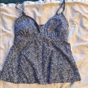 Kona Sol Navy and White Leaf Print Swim Top